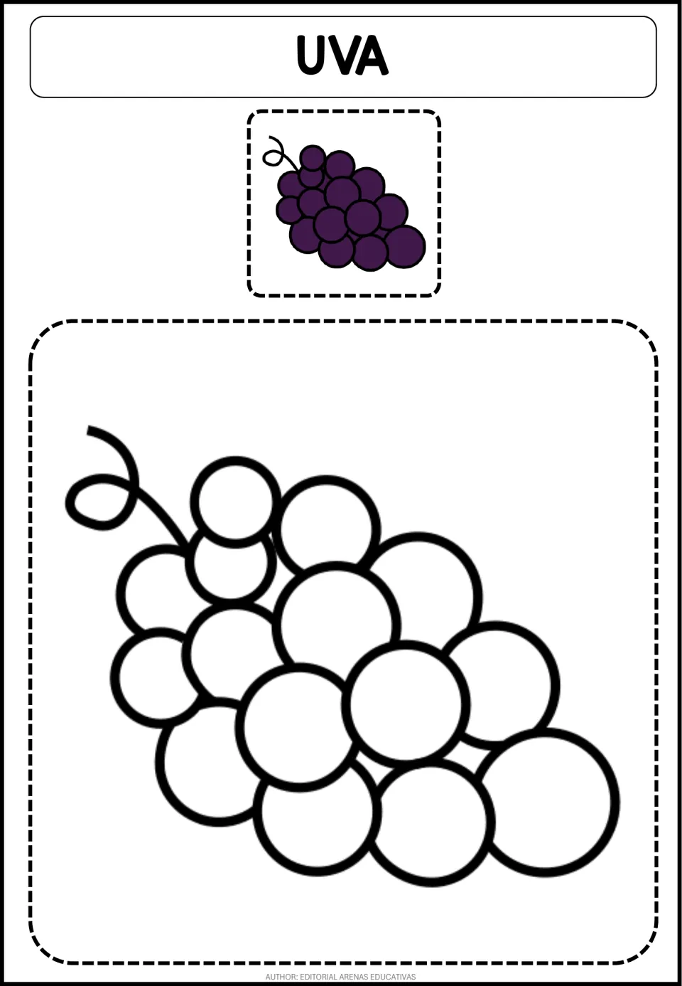 Uva (grape) coloring page: students color each round berry in a large bunch, guided by a small purple model