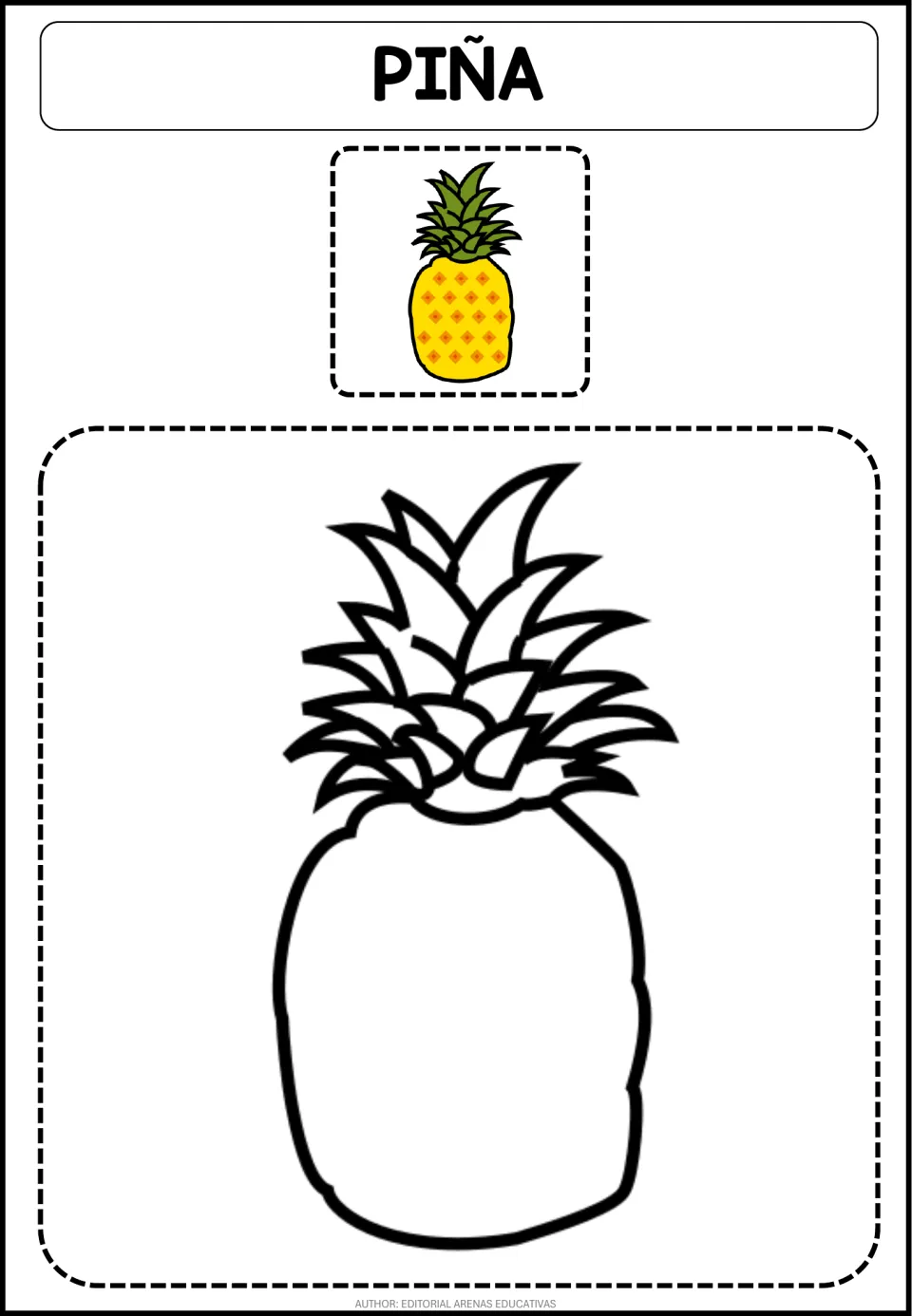 Piña (pineapple) coloring page: students color a big fruit with spiky leaves, using the yellow and green model