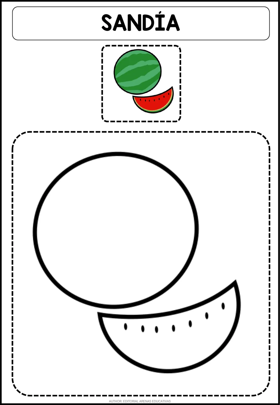 Sandía (watermelon) coloring page: students color a whole fruit and a seeded slice, following the green and red model