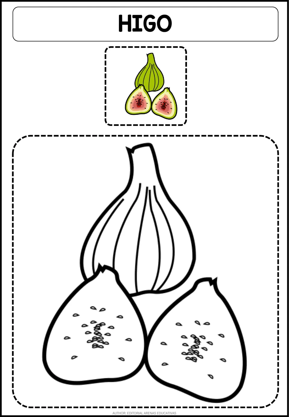 Higo (fig) coloring page: students color a whole fruit and two seeded halves, matching the green and pink model