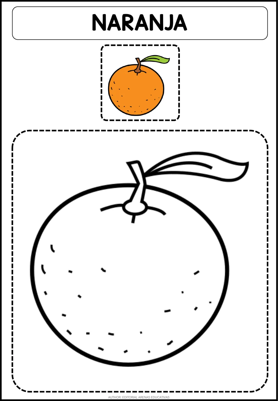 Naranja (orange) coloring page: students color a large round fruit with stem and leaf, following the small colored model