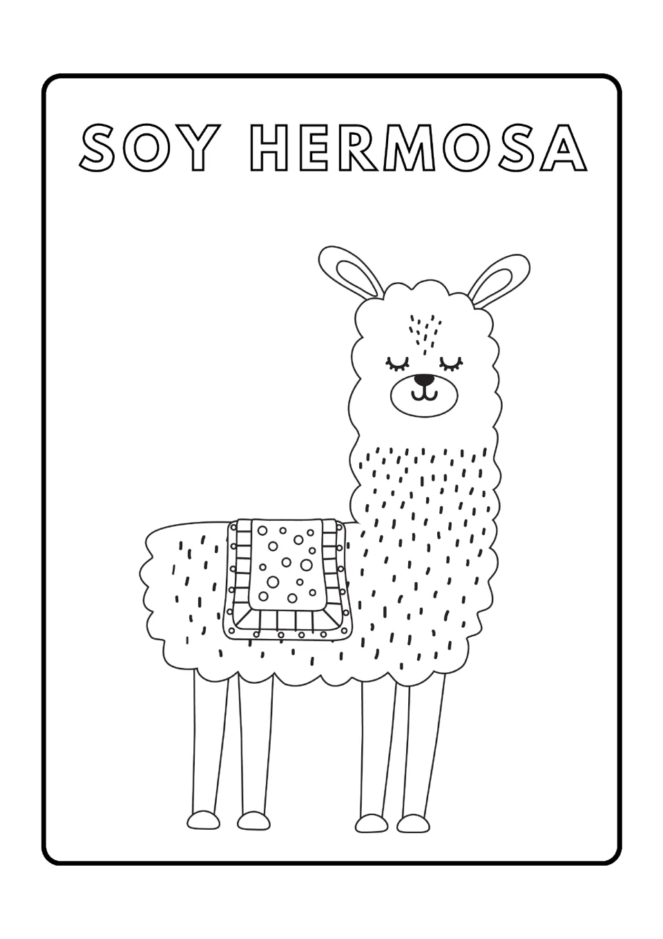 Llama coloring page 3: 'Soy hermosa' (I am beautiful), featuring a standing llama with a patterned blanket