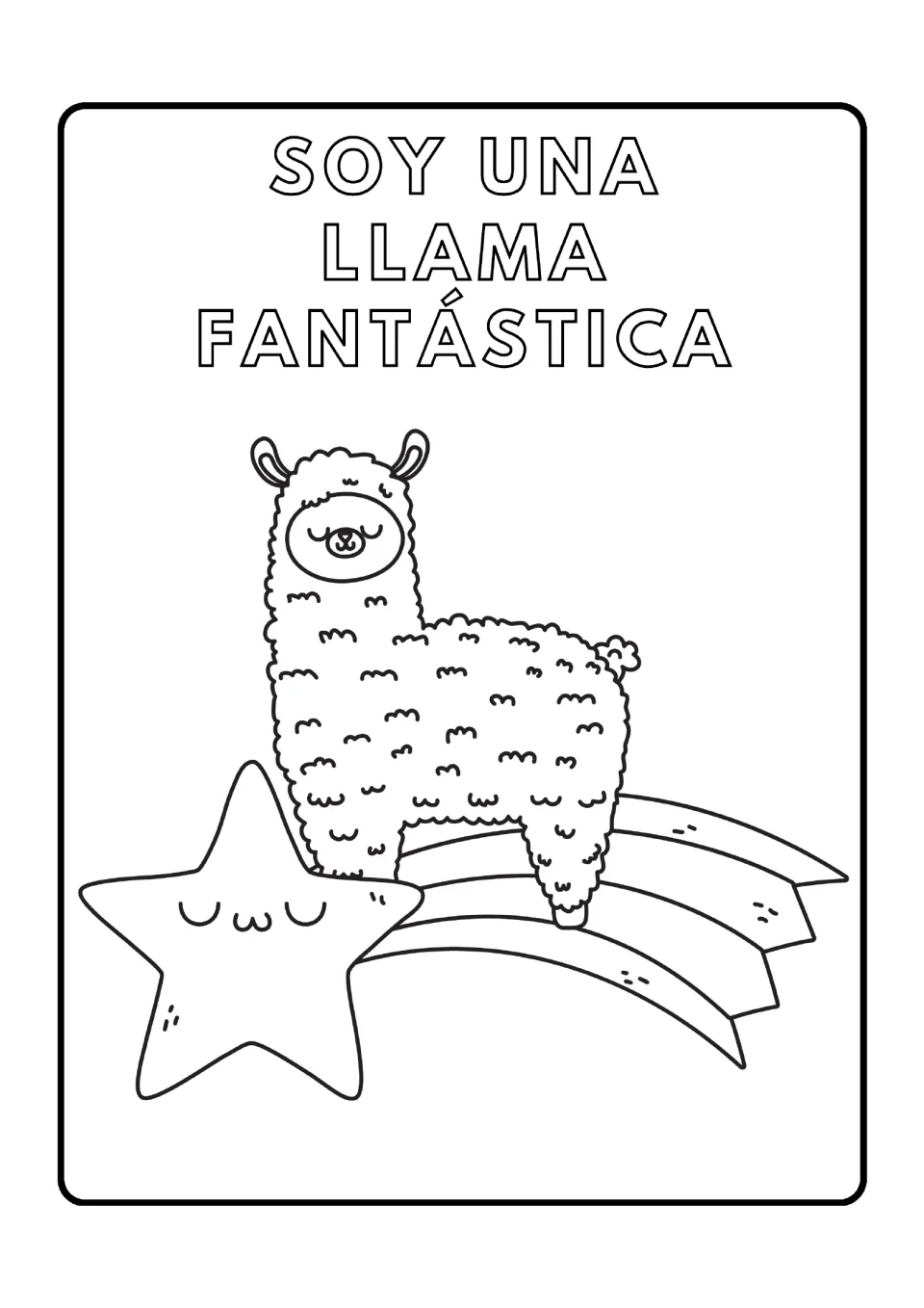 Llama coloring page 5: 'Soy una llama fantástica' (I am a fantastic llama), with a llama riding a shooting star