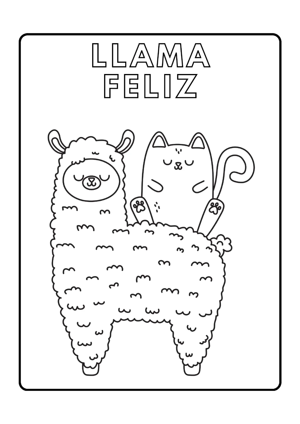 Llama coloring page 6: 'Llama feliz' (happy llama), featuring a llama carrying a cat on its back