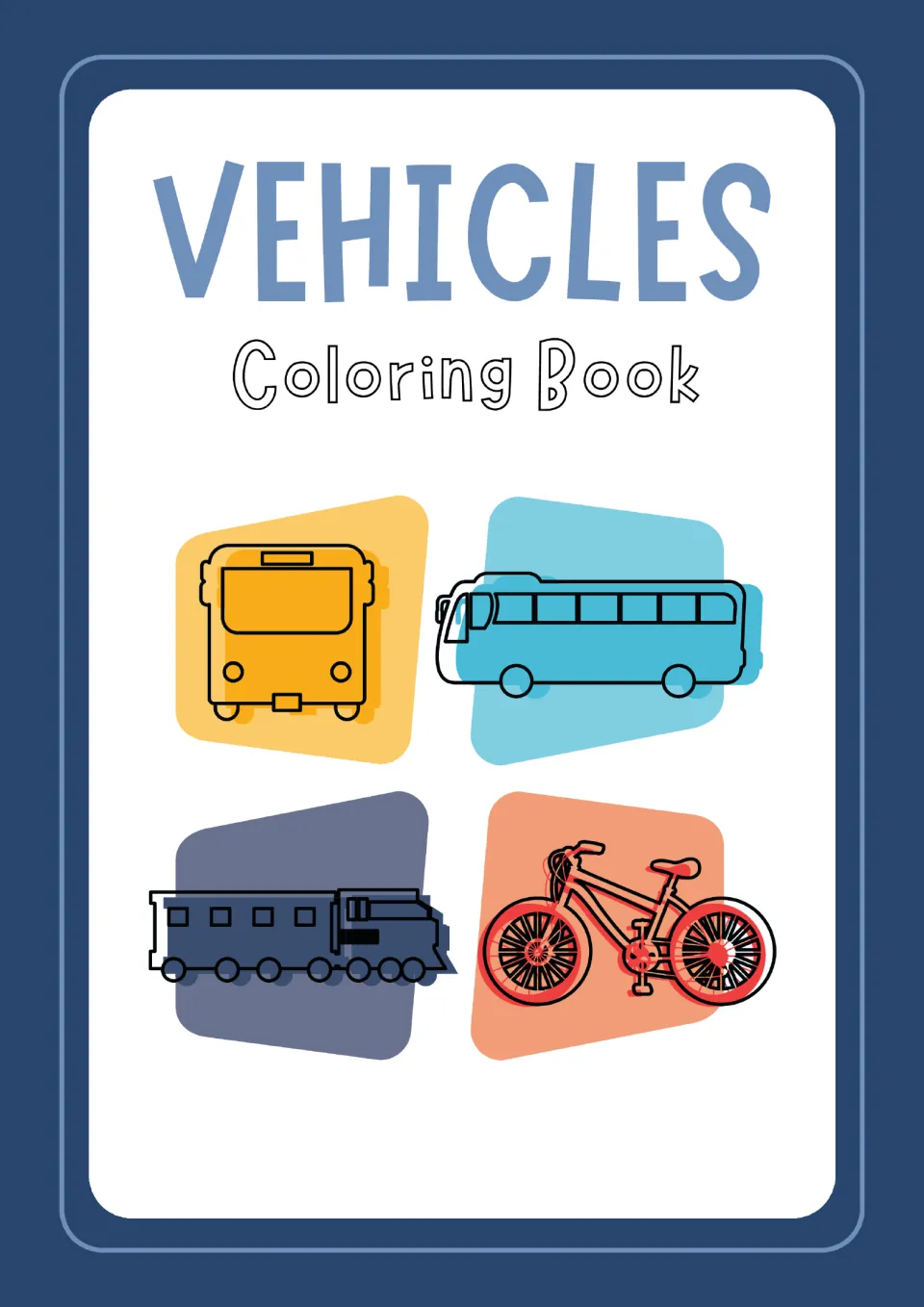 Vehicles Coloring Book title page showing a city bus, a coach bus, a train and a bicycle in color as previews