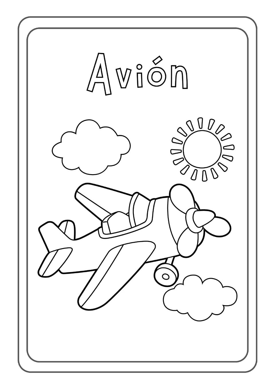 Spanish vehicle word Avión: students color a propeller plane flying past two clouds and a sun, plus the bubble-letter word