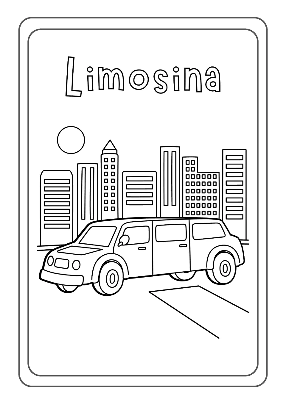 Spanish vehicle word Limosina: students color a long limousine parked in front of city skyscrapers under a round sun