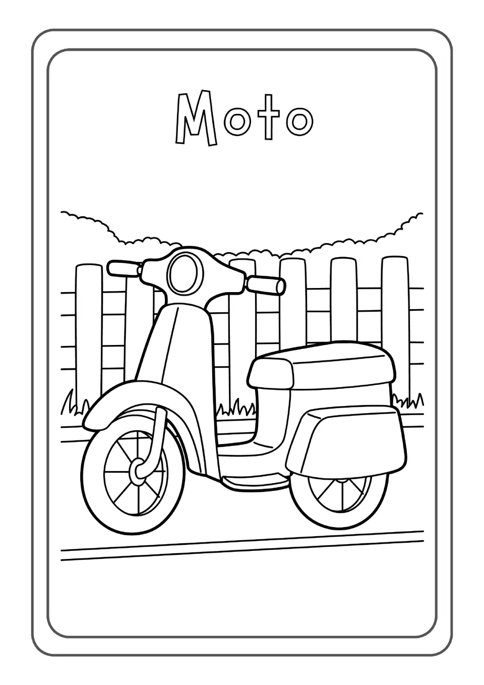 Spanish vehicle word Moto: students color a motor scooter parked by a fence with bushes and grass behind it