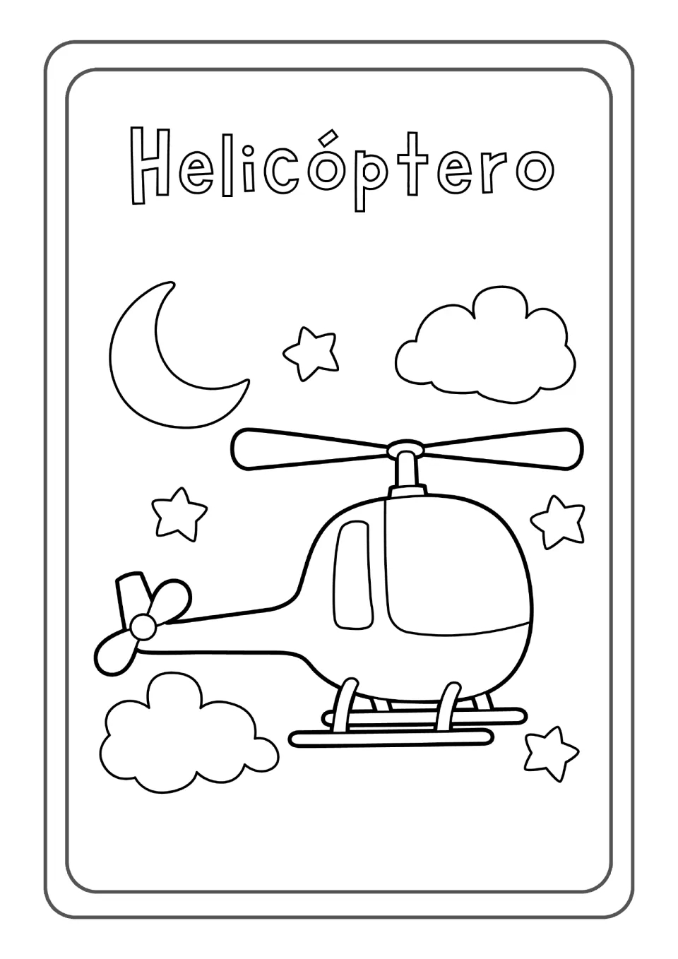 Spanish vehicle word Helicóptero: students color a helicopter in a night sky with a crescent moon, stars and clouds