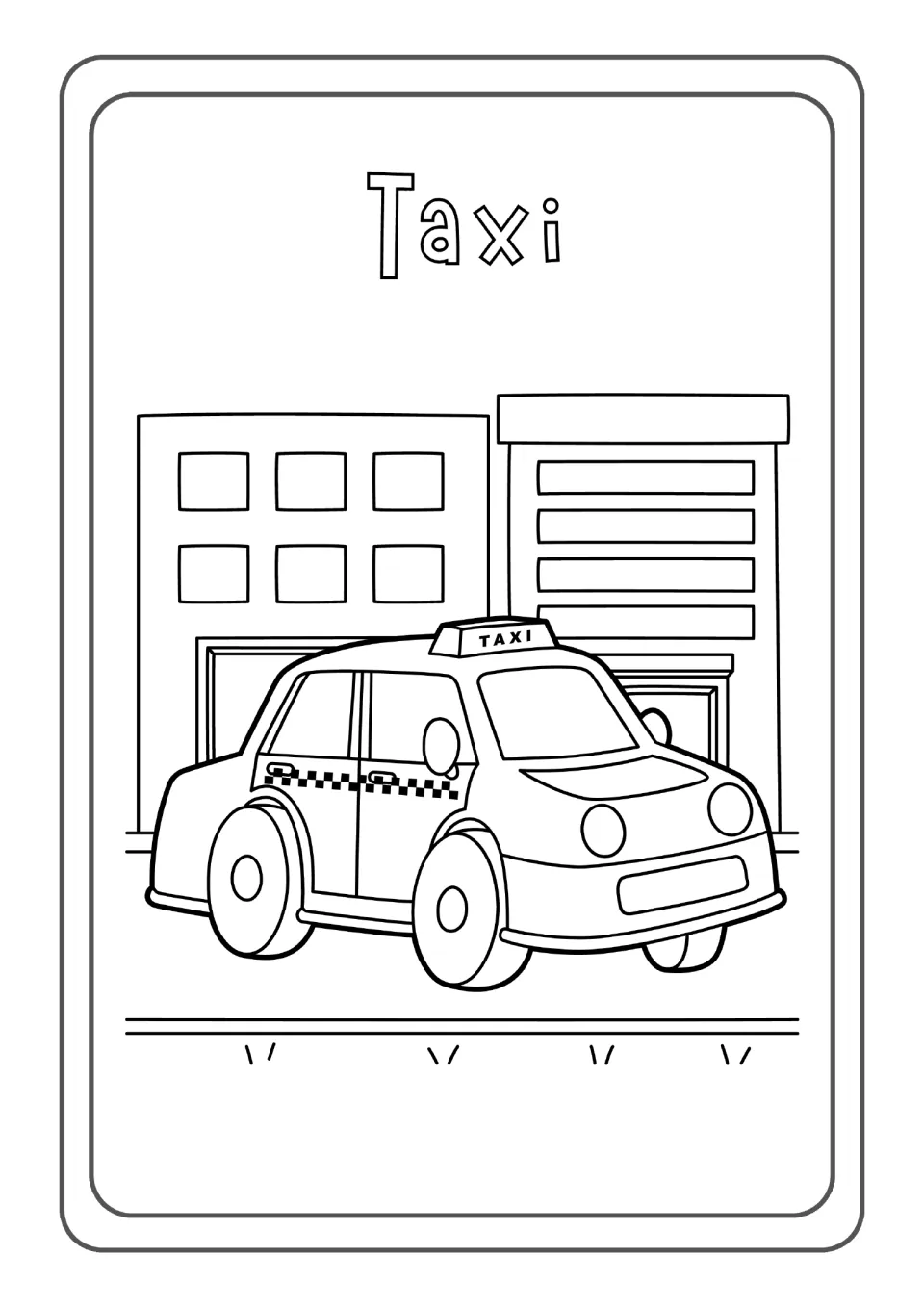 Spanish vehicle word Taxi: students color a checkered taxi with a TAXI roof sign driving past two city buildings