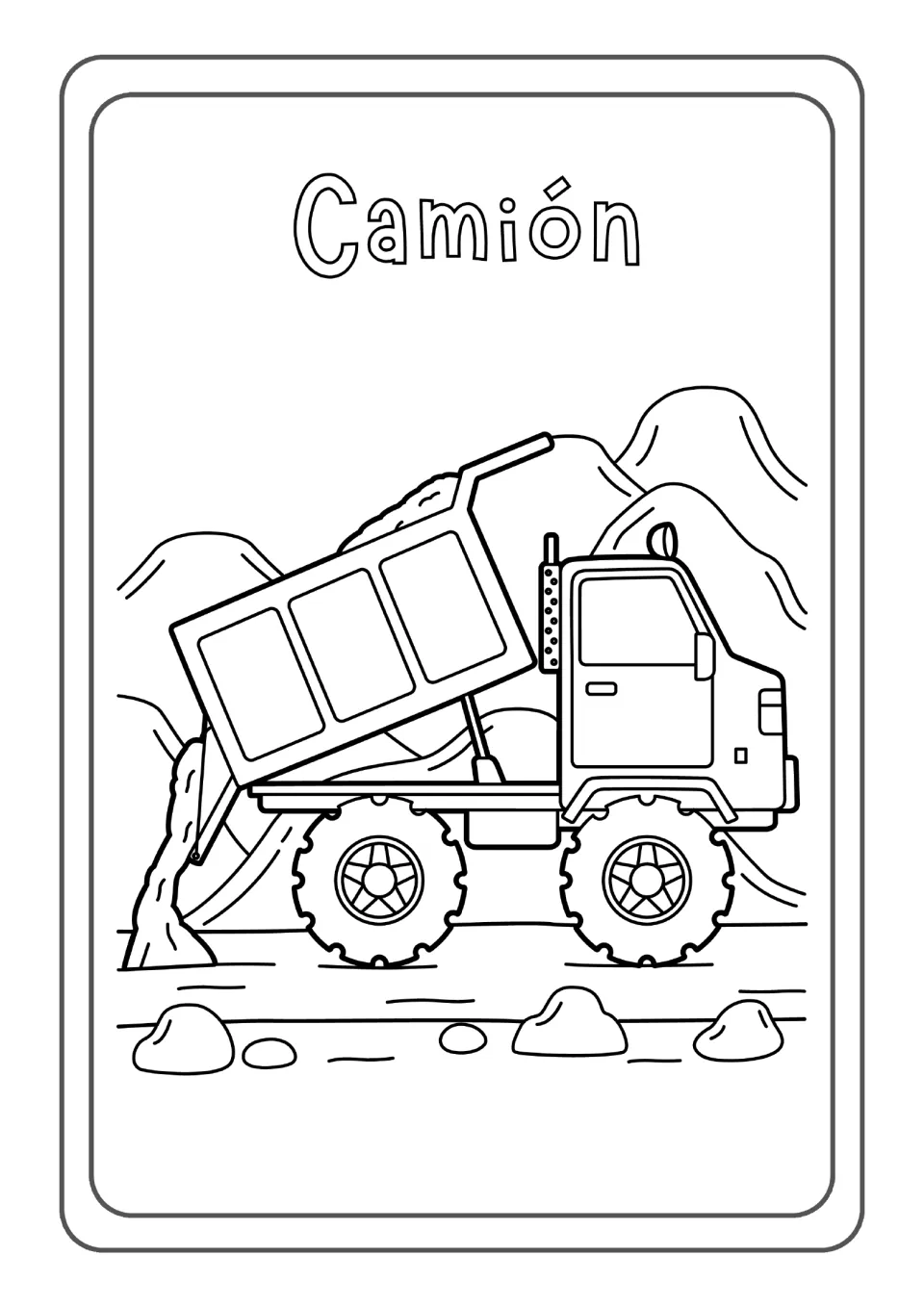 Spanish vehicle word Camión: students color a dump truck tipping its load of dirt near hills and rocks on a road
