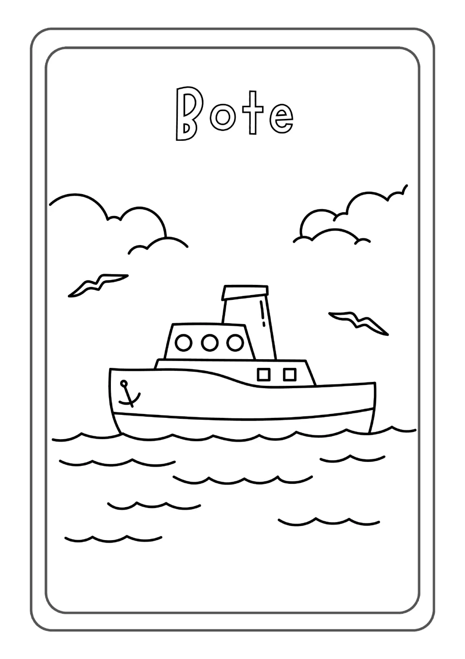 Spanish vehicle word Bote: students color a small boat with an anchor sailing on waves under clouds and seagulls