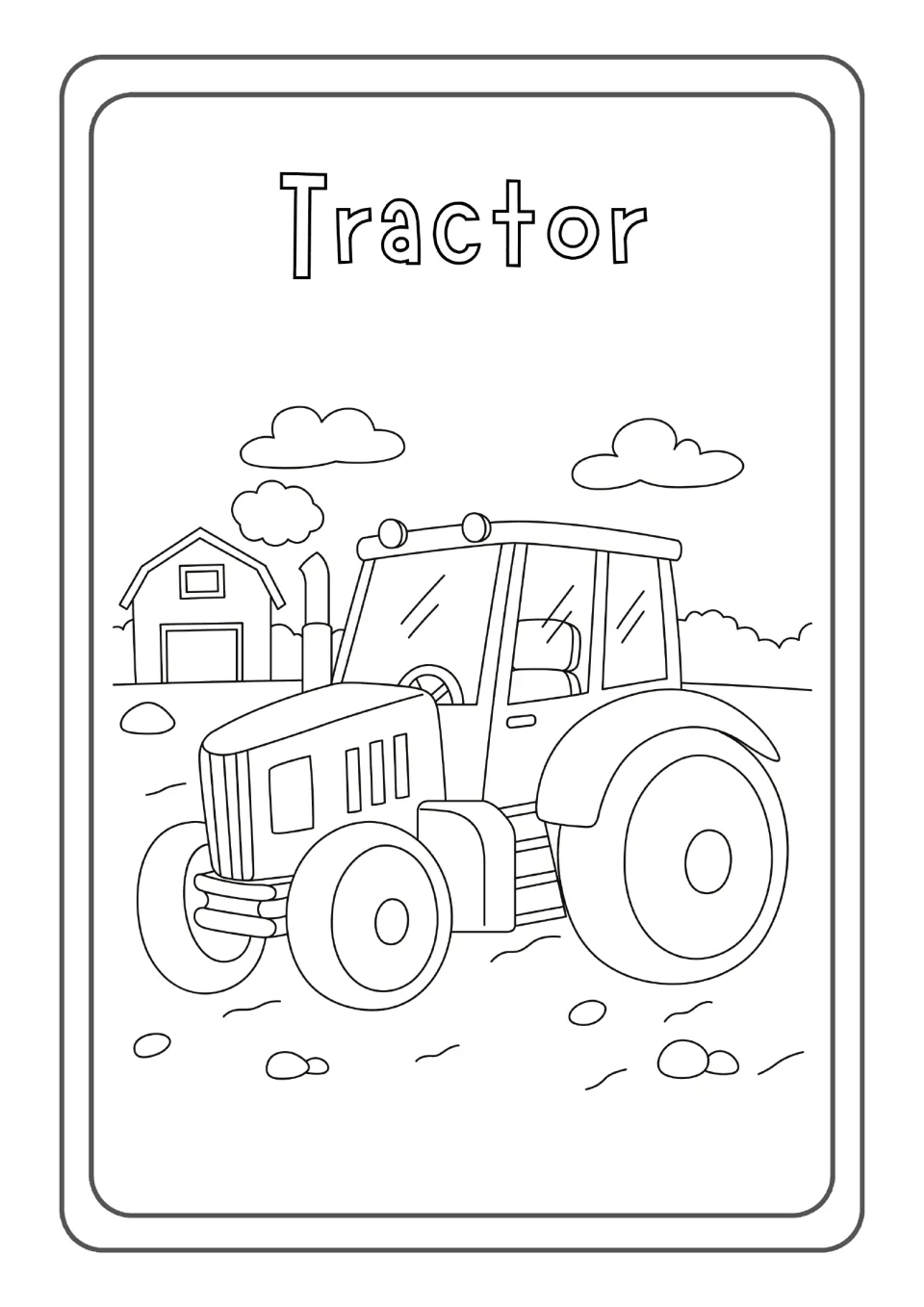 Spanish vehicle word Tractor: students color a farm tractor in a field with a barn and clouds behind it