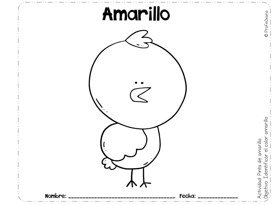 Amarillo (yellow): students color a round baby chick with a tiny beak, following the Pinta de amarillo task