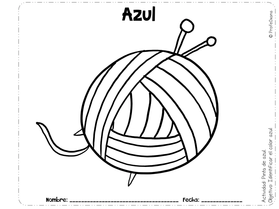 Azul (blue): students color a ball of yarn pierced by two knitting needles, following the Pinta de azul direction