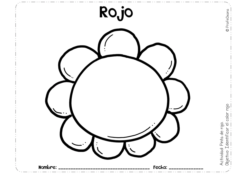 Rojo (red): students color a big flower with round petals, following the Pinta de rojo instruction
