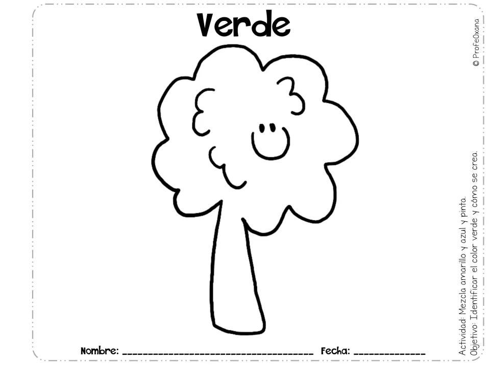 Verde (green): students mix yellow and blue paint, then fill in a smiling tree to see how the new shade is made
