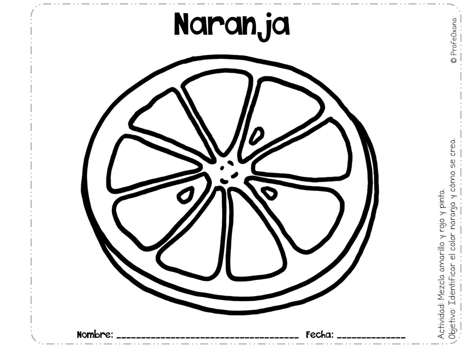 Naranja (orange): students mix yellow and red paint, then fill in a citrus slice to see how that shade forms
