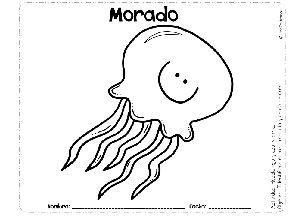 Morado (purple): students blend red and blue paint, then fill in a smiling jellyfish to discover the result