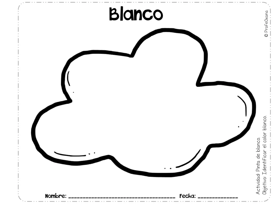 Blanco (white): students color a large puffy cloud, following the Pinta de blanco activity line