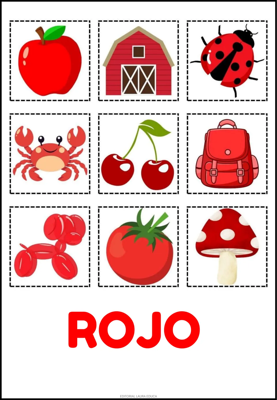 Spanish color cutouts labeled ROJO (red): apple, barn, ladybug, crab, cherries, backpack and three more.