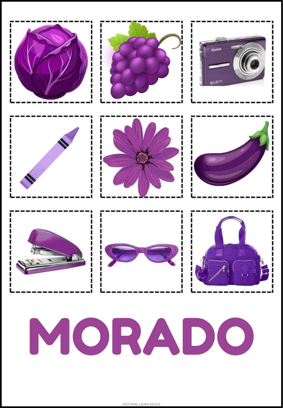 Spanish color cutouts labeled MORADO (purple): cabbage, grapes, camera, crayon, flower and four more.
