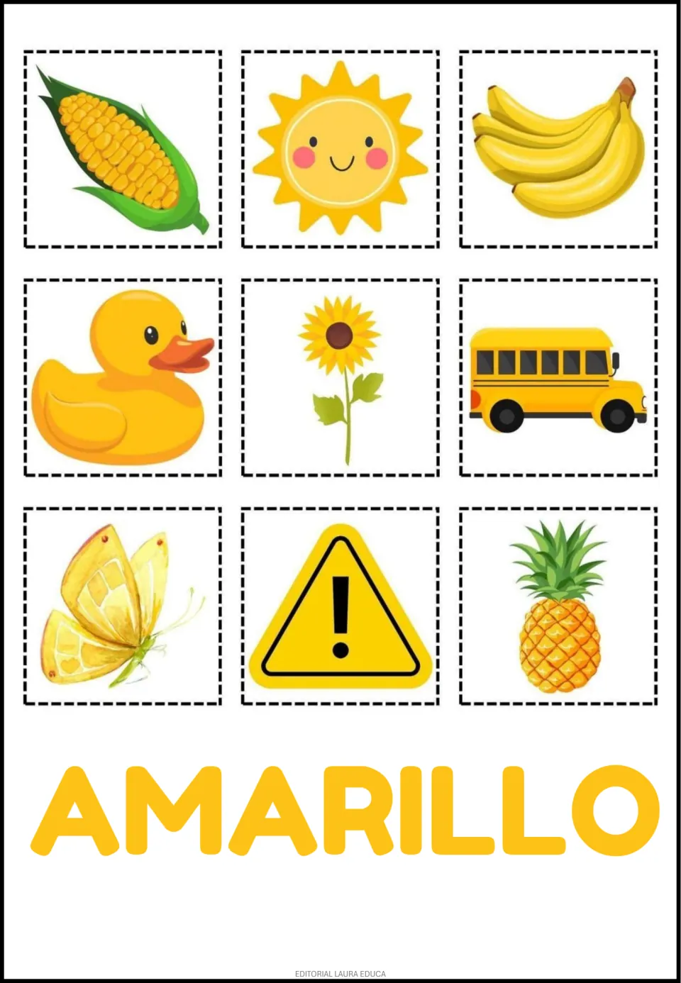 Spanish color cutouts labeled AMARILLO (yellow): corn, sun, bananas, duck, sunflower and four more.