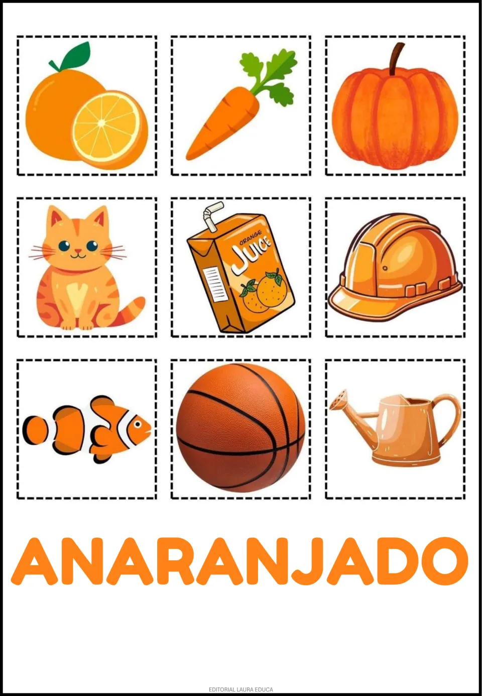 Spanish color cutouts labeled ANARANJADO (orange): orange, carrot, pumpkin, cat, juice and four more.