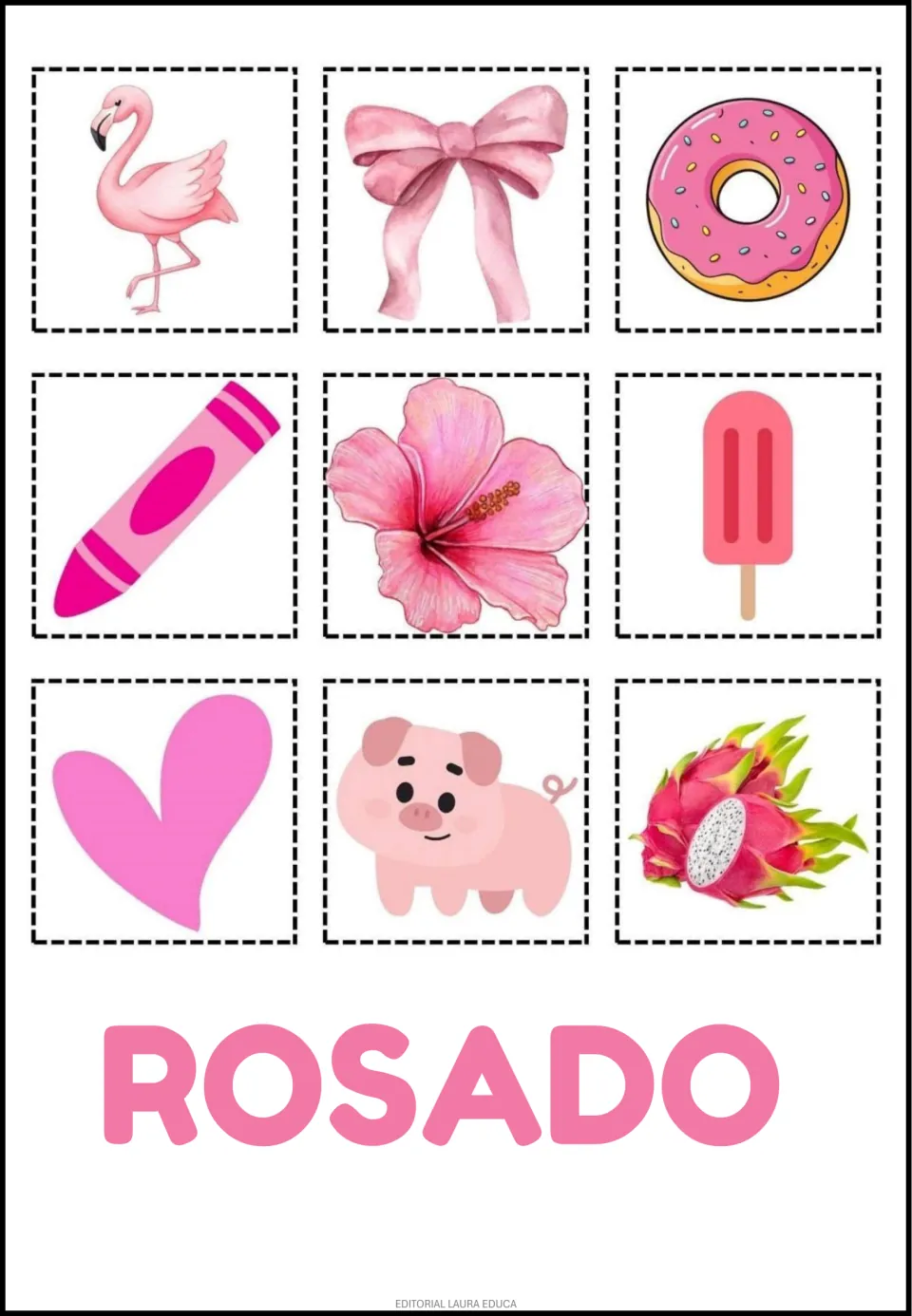 Spanish color cutouts labeled ROSADO (pink): flamingo, bow, doughnut, crayon, flower and four more.