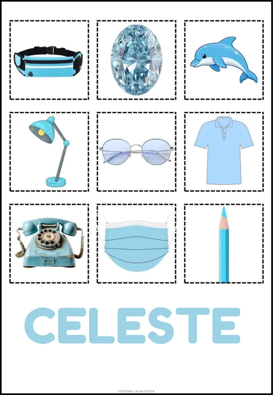 Spanish color cutouts labeled CELESTE (light blue): waist bag, gem, dolphin, lamp, glasses and four more.