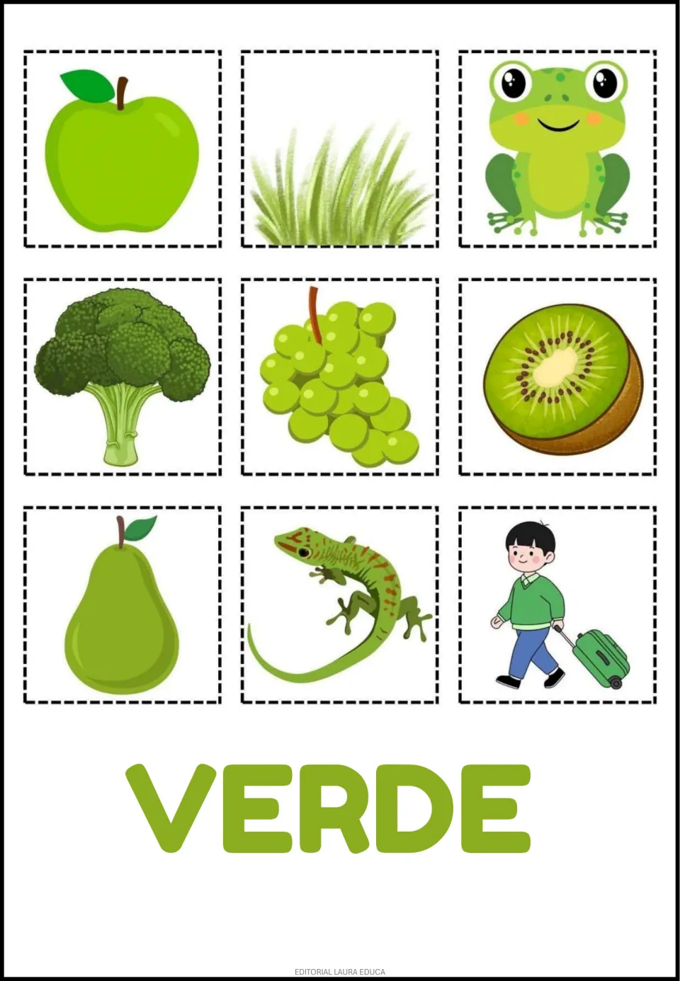 Spanish color cutouts labeled VERDE (green): apple, grass, frog, broccoli, grapes, kiwi and three more.