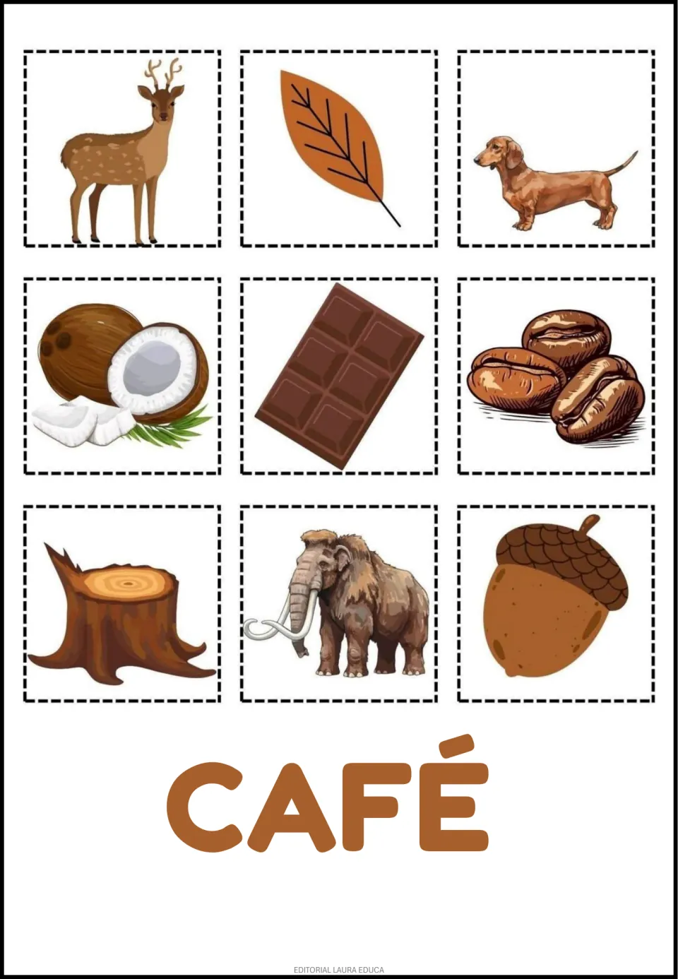 Spanish color cutouts labeled CAFÉ (brown): deer, leaf, dog, coconut, chocolate, coffee beans and three more.