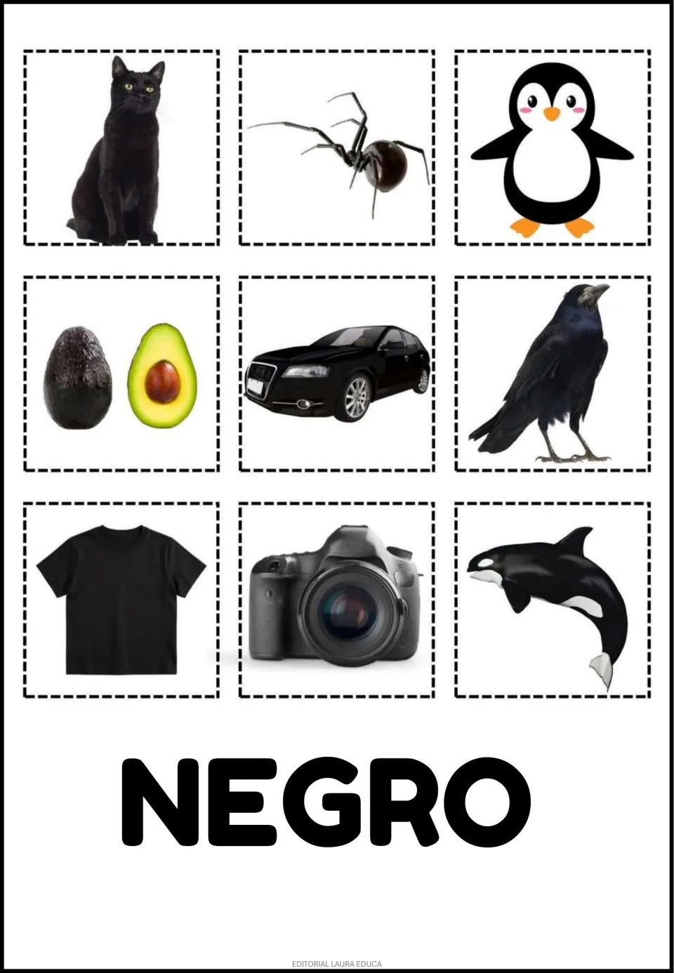 Spanish color cutouts labeled NEGRO (black): cat, spider, penguin, avocado, car, crow and three more.