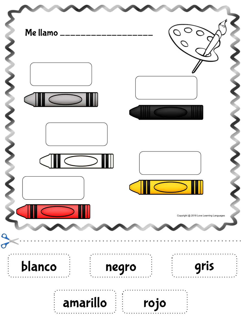 Spanish color words: students cut out blanco, negro, gris, amarillo and rojo and glue each above the matching crayon