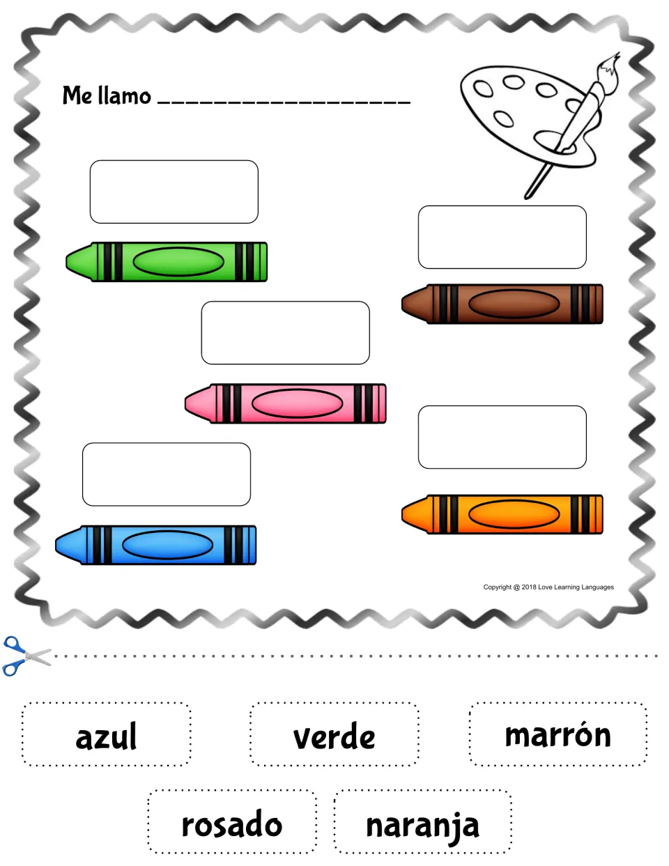 Spanish colors matching: students cut out azul, verde, marrón, rosado and naranja and paste each word by its crayon