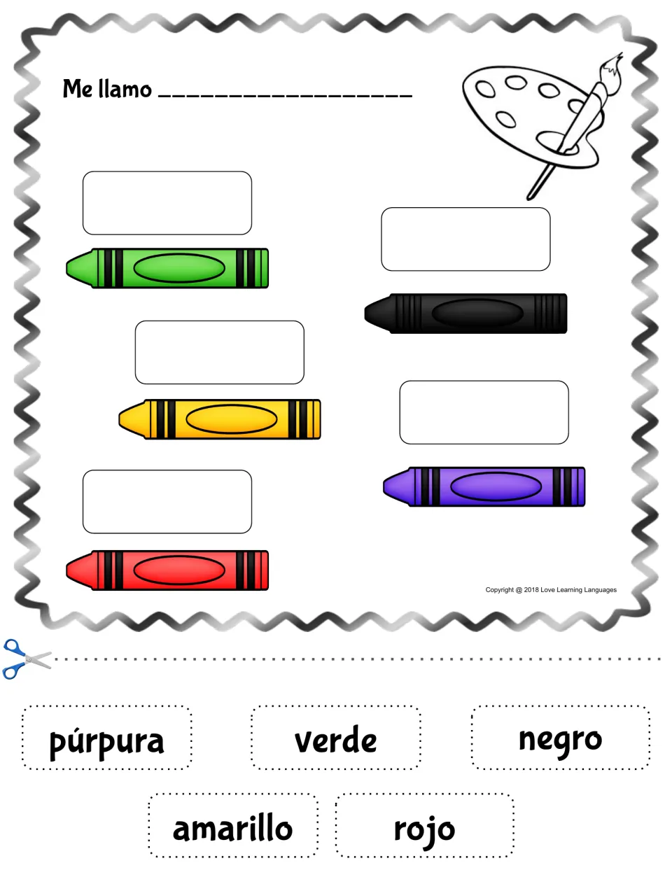 Color vocabulary in Spanish: students cut and glue púrpura, verde, negro, amarillo and rojo above five crayons