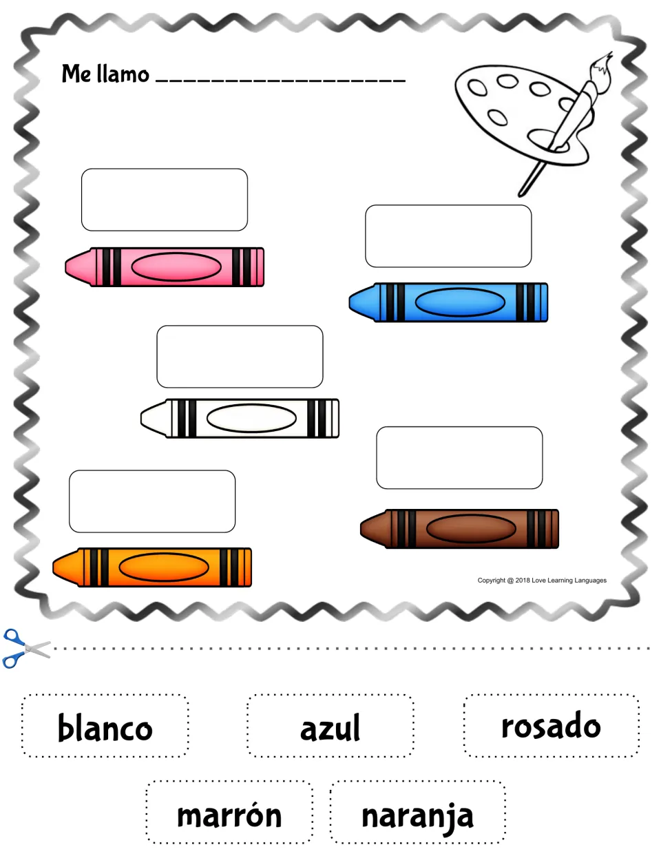 Spanish color word match: students paste blanco, azul, rosado, marrón and naranja labels above the matching crayons