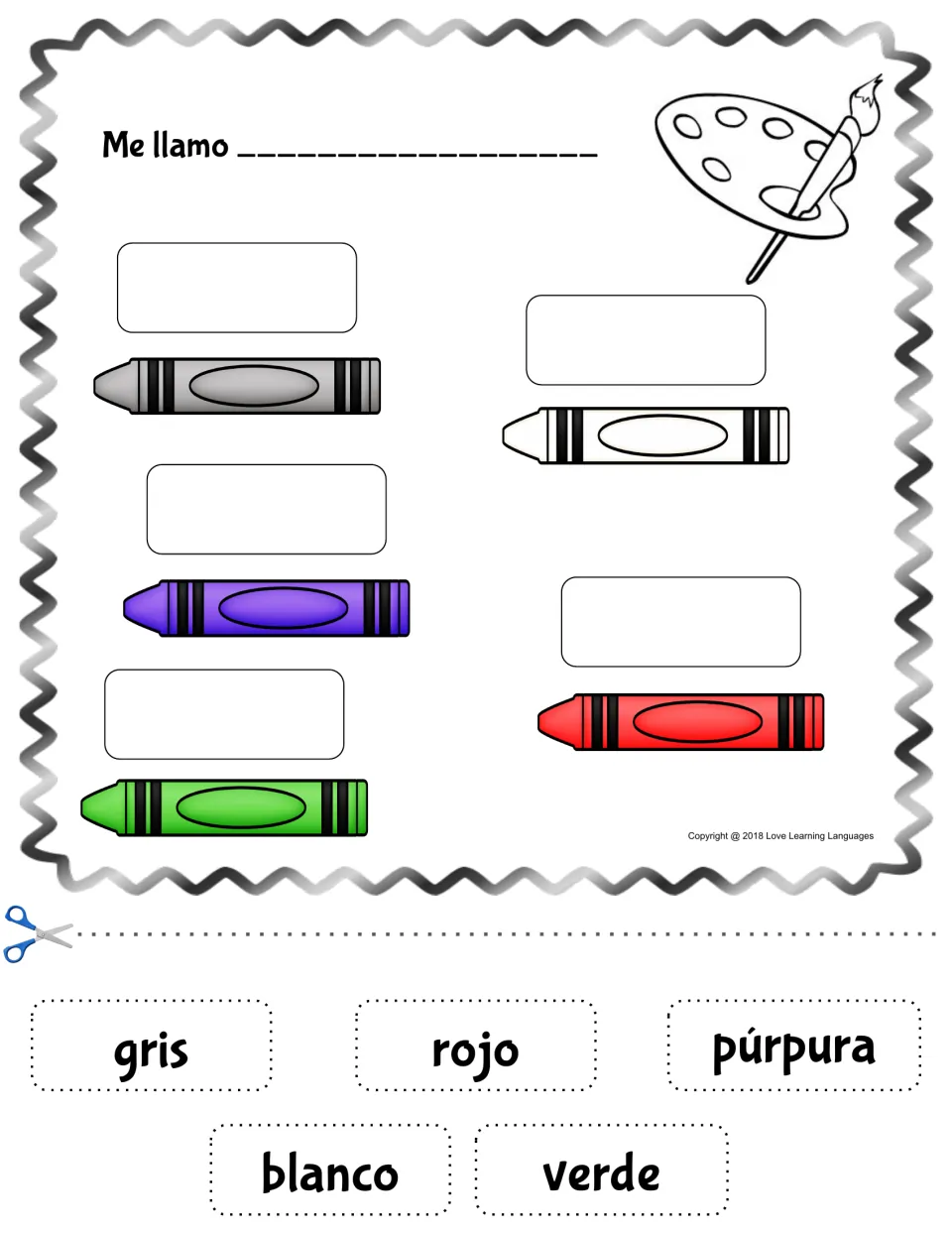 Spanish colors review: students cut out gris, rojo, púrpura, blanco and verde and glue each word on its crayon