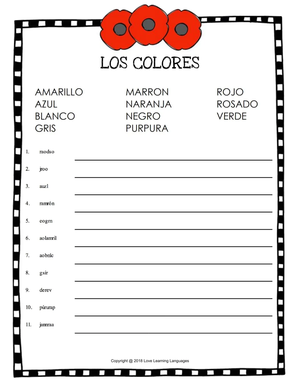 Los colores: students unscramble 11 Spanish color words such as raodso and jroo using the word bank of color names