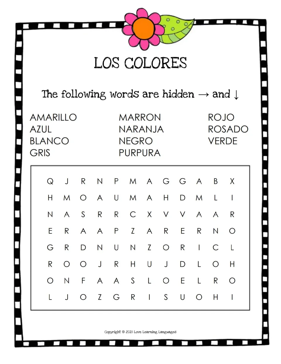 Los Colores word search: students find 11 Spanish color words, from amarillo to verde, hidden only across and down