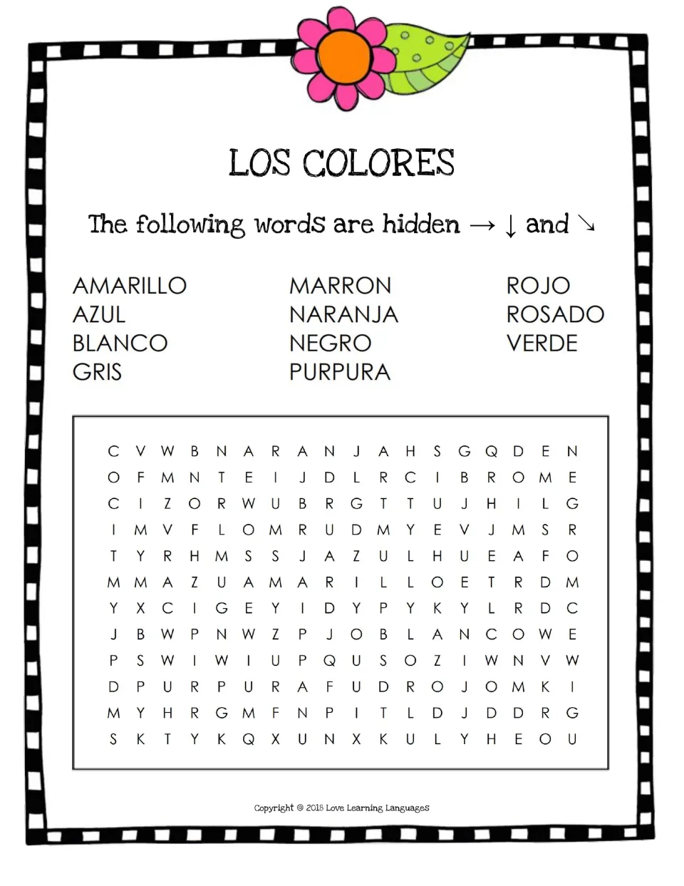 Los Colores word search, level two: the same 11 Spanish color words hidden across, down and diagonally in a larger grid