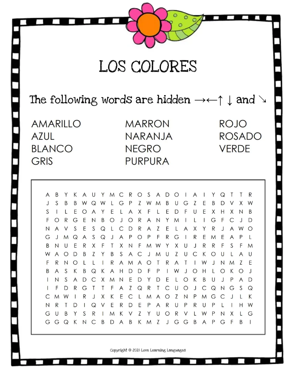 Los Colores word search, hardest level: 11 Spanish color words hidden forward, backward, up, down and diagonally