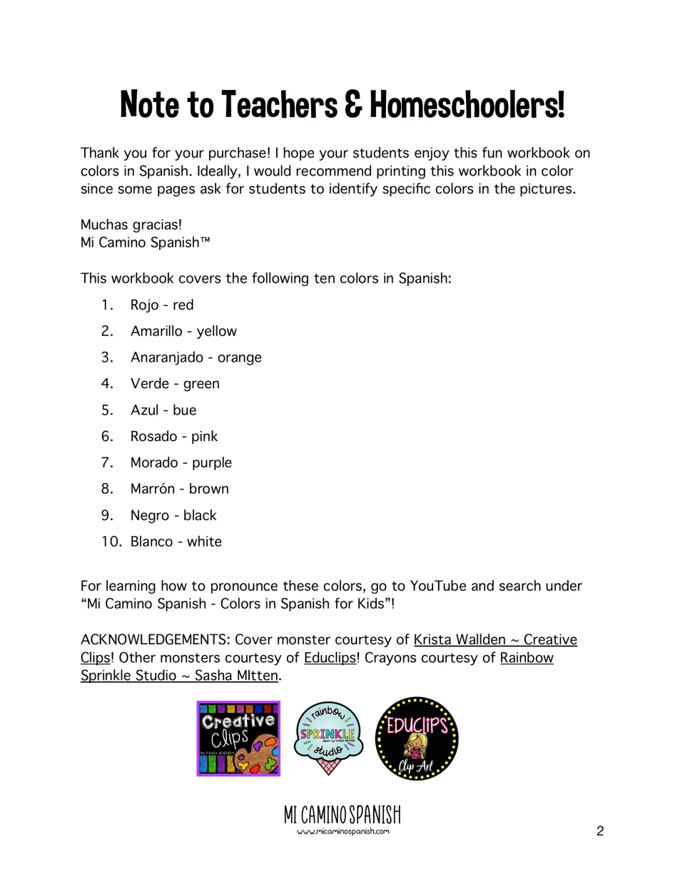 Note to teachers listing the ten Spanish colors covered, rojo to blanco, with a color-printing tip and clip-art credits