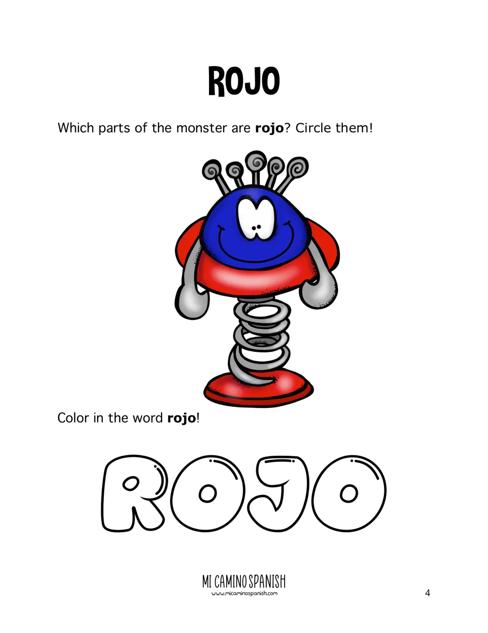 Rojo color identification: students circle the red parts of a blue and red spring monster, then color in the word ROJO