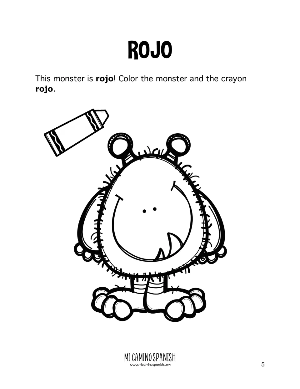 Rojo coloring page: students color a furry monster and a crayon red after reading that this monster is rojo