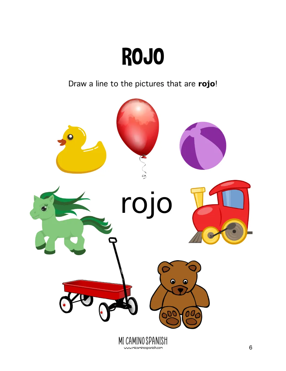 Rojo matching: students draw lines from the word rojo to red pictures such as a balloon, train and wagon among other toys