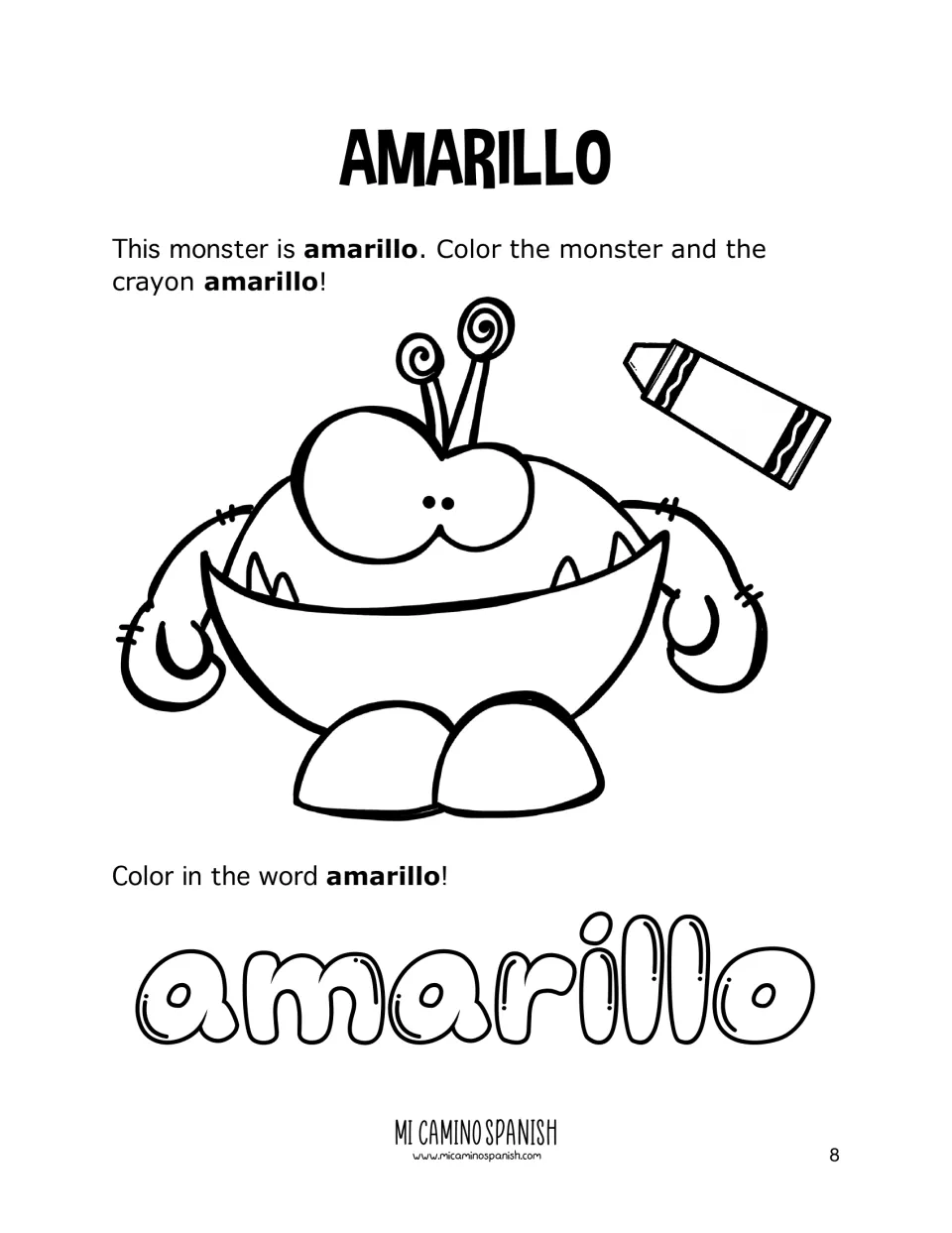 Amarillo coloring: students color a big-mouthed monster and a crayon yellow, then color in the bubble-letter word amarillo