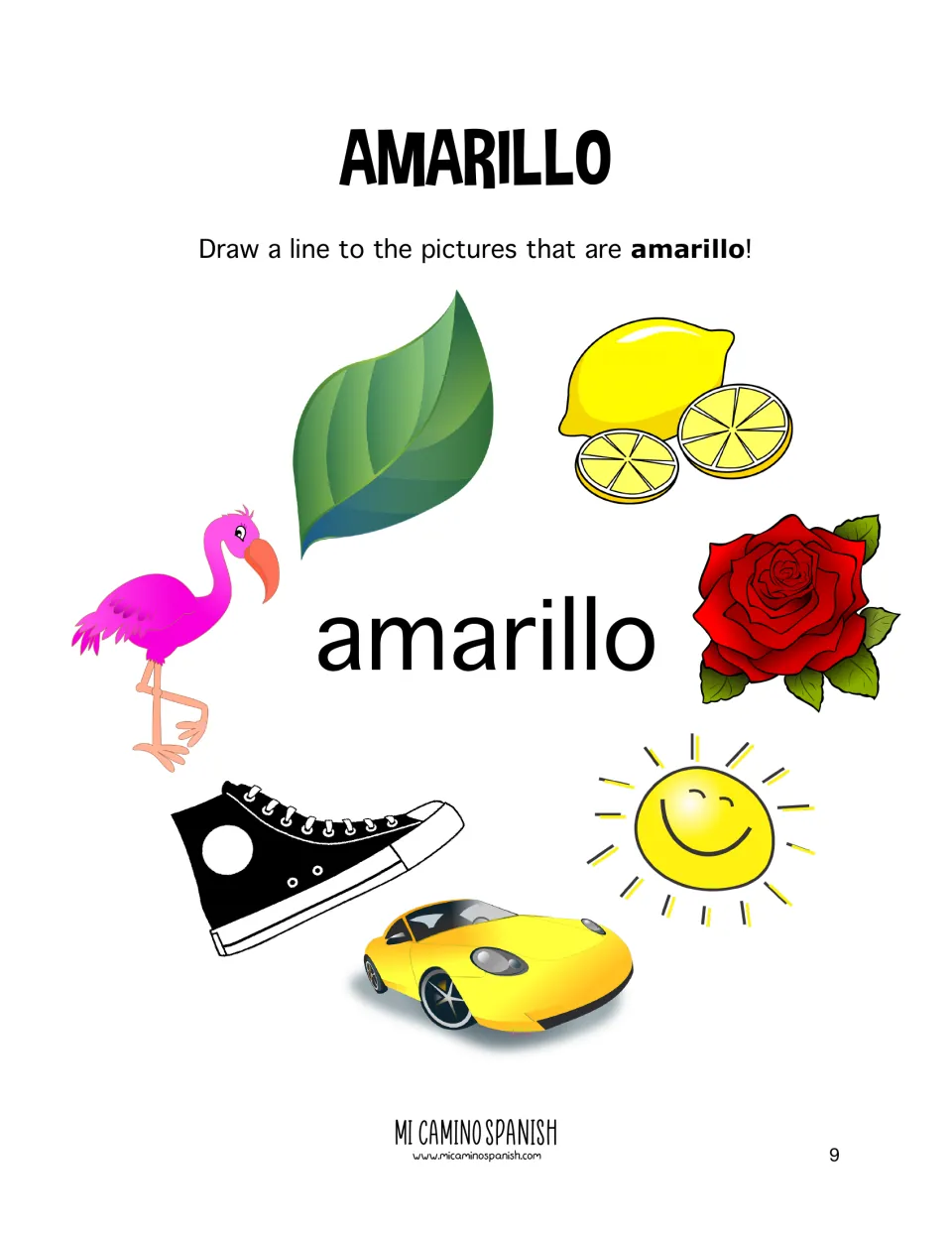 Amarillo matching: students draw lines from amarillo to yellow pictures like a lemon, sun and car among other objects