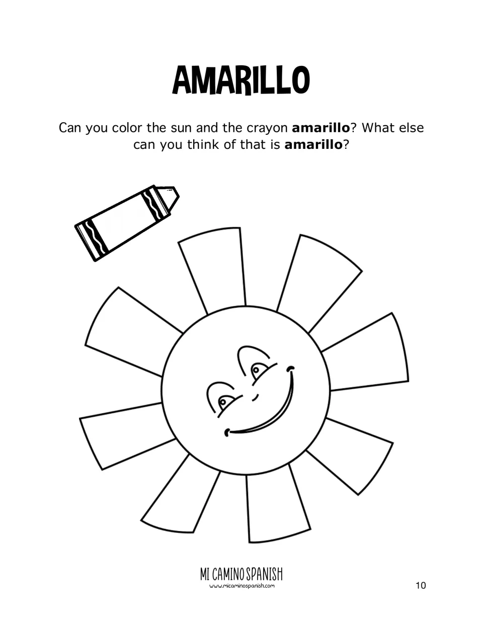 Yellow review: students color a smiling sun and a crayon amarillo, then name other things that are yellow