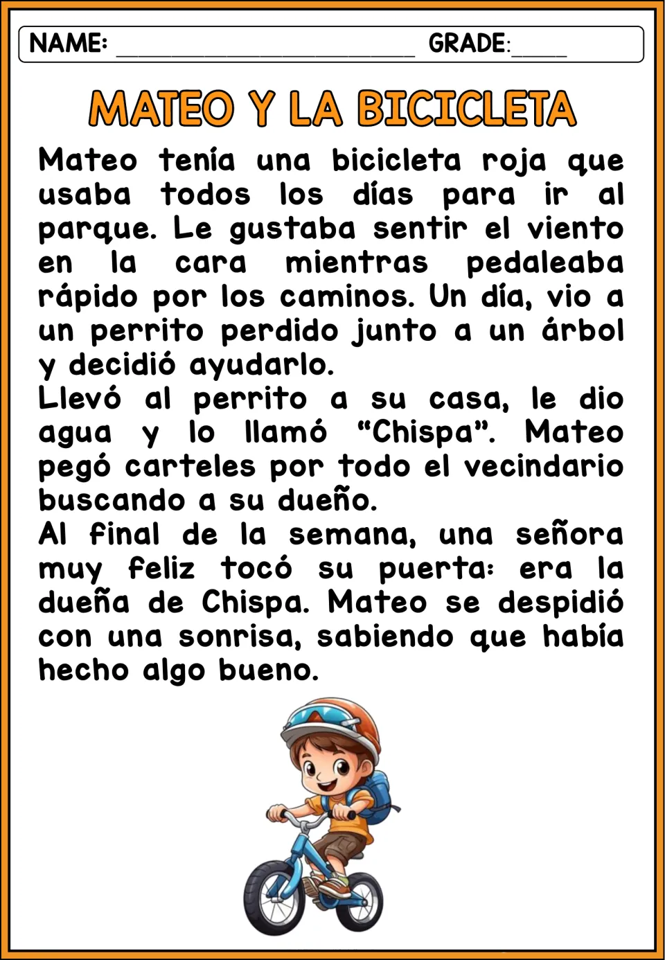 Spanish story 'Mateo y la bicicleta' (Mateo and the Bicycle): Mateo helps a lost dog return to its owner